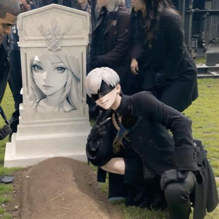 Highly detailed, High Quality, Masterpiece, beautiful, QueensGraveMeme, <lora:GrantGustinNextToOliverQueensGraveMeme:1>, v, smile, 1boy, {{yorha no. 9 type s}}, nier automata, blindfold, black blindfold, choker, black jacket, black shorts, black gloves, silver hair, <lora:Char_Nier_9S:0.8>