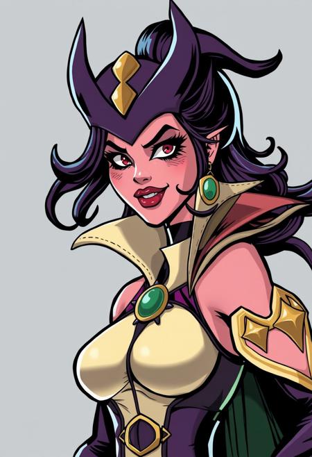 comic style,a female supervillain wearing an fantastical costume,rough cartoon style,