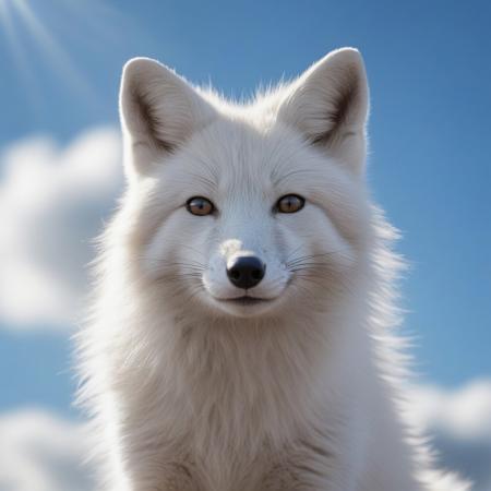very realistic close-up photography of the head of a white arctix fox, blue sky background with cirrus clouds and slightly hidden sun