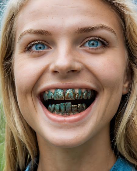 pms style, close up shot, cute woman, (patina metal teeth:1.8), only the teeth are patina metal, blonde hair, blue eyes, meadow