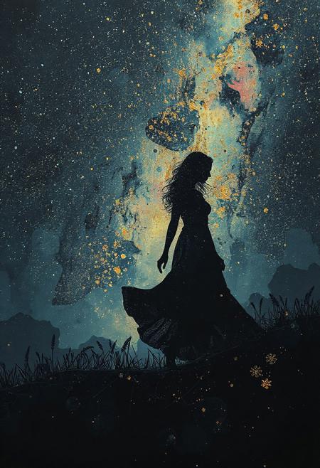 Female silhouette walking in the Dreamscape, Double exposure effect of the silhouette, superimposed against night sky by Conrad Roset, Brandon Kidwell, Andreas Lie, Dan Mountford, Agnes Cecile, Jeremy Mann, ink splatter, oil and ink canvas, fine art, super dramatic light, photoillustration, amazing depth, hyperdetailed, iridescent gold, floral, night vs day.