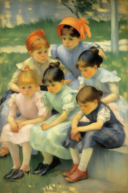 <lora:Mary Cassatt Style:1>Mary Cassatt Style - mary cassatt,A group of children squatted around something