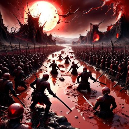 a blood-soaked battlefield under a red eclipse, warriors locked in endless carnage, armor splattered and melting under heat, the very ground cracking open to spill rivers of boiling blood, spears rising like thorns from the mud, blood