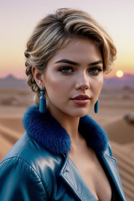 photo of (k4t3upt0n-135:0.99), a beautiful woman, perfect blonde hair upsweep updo, (modern photo, Fluorescent Blue Faux fur coat in a bold and vibrant color with a shaggy texture:1.1), closeup portrait, 85mm, (analog, cinematic, film grain, hazy atmosphere:1.3), ((outside, tatooine background, sunset:1.2)), detailed eyes, (seductive), (epicPhoto), (looking at viewer), painted lips, eyeliner, earrings, (cinematic shot:1.3)