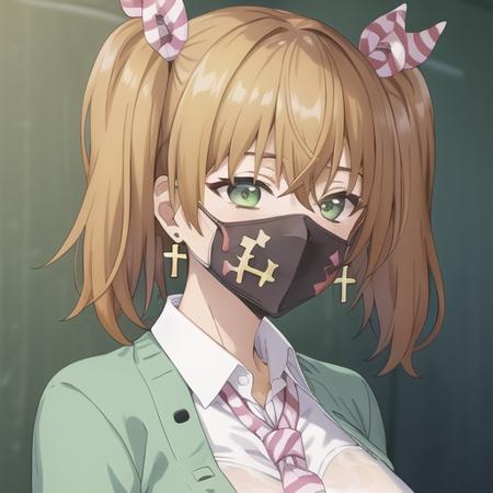 (masterpiece, best quality:1.2),illustration,8k,hd,1girl,solo,facing viewer,earrings,jewelry,green eyes,shirt,cross earrings,cross,collared shirt,jacket,mouth mask,hair between eyes,bangs,white shirt,ribbon,bow,green jacket,striped,hair ribbon,brown hair,school uniform,cardigan,twintails,pleated skirt,striped necktie,white pantyhose,<lora:Wakakusa Moena-V1:0.8>,