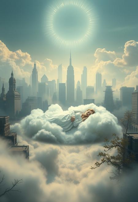 Create a surreal, dreamlike scene of a city that has been abandoned and reclaimed by nature. In the center of the image, a lone figure lies sleeping on a bed of soft, white clouds, surrounded by a halo of soft, pulsing light. The figure is dressed in a flowing, white gown, and their face is serene and peaceful. The city is made up of fragments of memories and emotions, and the mist is filled with the whispers of forgotten thoughts and desires. The figure is the embodiment of the city's collective unconscious, and the city is dreaming. Style: surreal, dreamlike, mystical. Colors: soft, pastel, glowing. Highest-Quality, 4k, Masterpiece