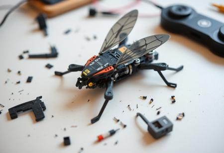 photographic image of disassembled micro-drone robotic bug, with wings. small, intricate parts scattered upon table,