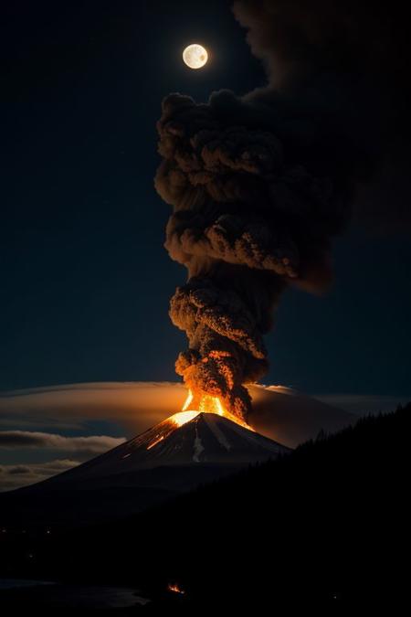 At night, a huge volcano erupts, clouds of ash are expelled from the crater, rivers of incandescent lava rushing down the mountain, a realistic image of epic fantasy, masterpiece, illuminated by the light of the moon.