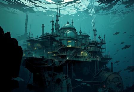 We are underwater, 100 meters unders surface, with exceptional visibility. From a great height, we observe a massive cliff plunging into the darck abyss. A vast underwater research station, almost a futuristic city and a mining extraction facility at the same time, stands at the edge of the abyss.
The station’s architecture is sleek and harmonious, made of glass and steel. A grand building with a colossal glass towers over numerous other structures, many of which also have small domes or cupolas. Multiple platforms house residential and research facilities, with scattered lights illuminating the underwater station and antennas spread throughout.
Numerous air bubbles rise from the station, drifting towards the surface. In the foreground, additional research domes, pipelines, conduits, and enormous underwater mining machines add to the station’s industrial activity. The water is crystal clear, allowing for an extensive view of various fish swimming in the distance.