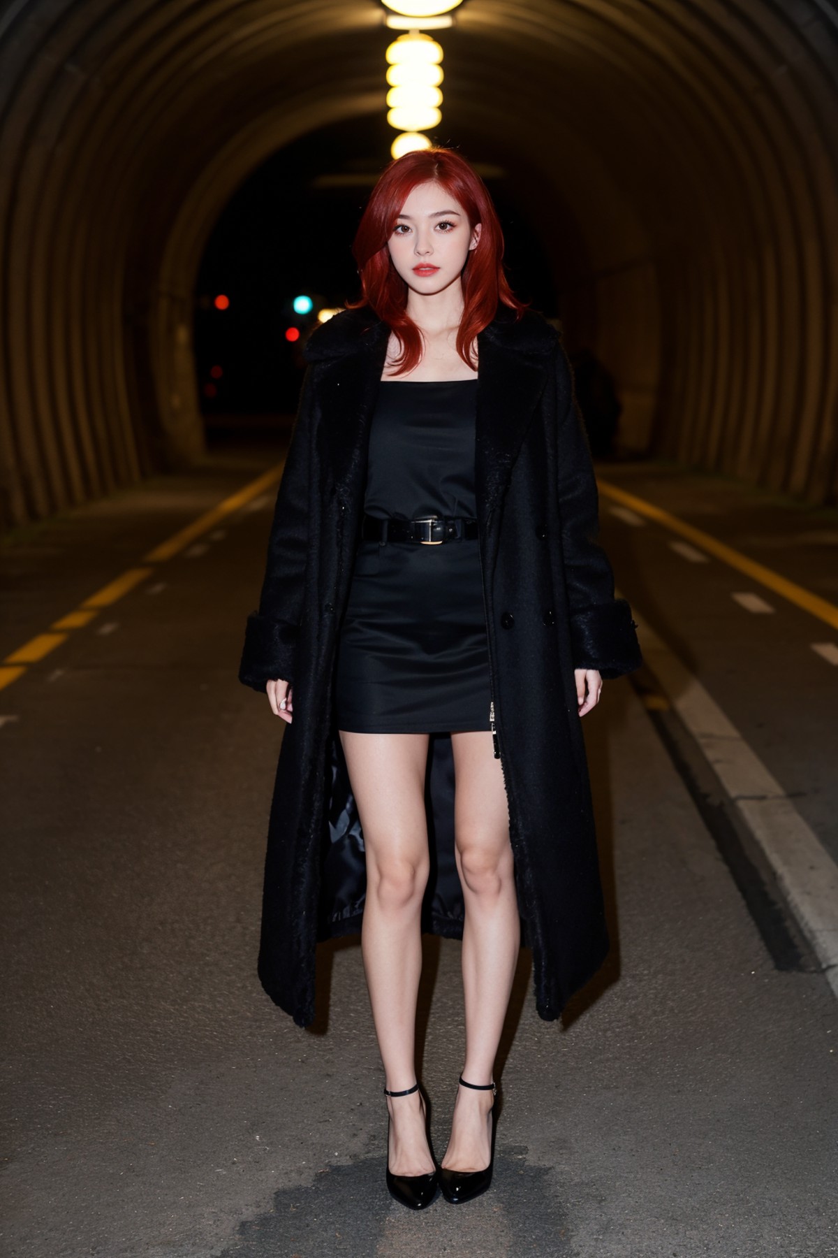 1girl,red hair,black feather coat,high heel,tunnel,full body
