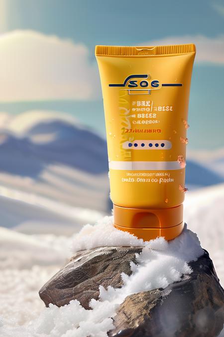 a tube of sunscreen sitting on a rock in the snow with snow falling from the sky behind it,productscene<lora:productscene:1>