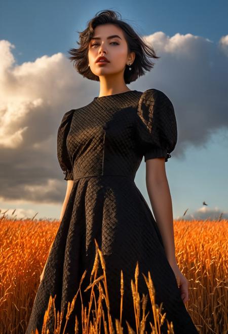 masterpiece, high resolution, gray hairs, looking ahead, from below, absurdres, 8k, high detail, intricate, best quality, orange grass, sunset, young woman, looking at viewer, short hair, black hair, dress, brown eyes, flower, short sleeves, outdoors, parted lips, sky, puffy sleeves, cloud, black dress, puffy short sleeves, lips, buttons, bird, wind, backlighting, realistic, field, crow, flock, photorealistic, hyperrealistic art, extremely high-resolution details, photographic, realism pushed to extreme, fine texture, incredibly lifelike, hard light