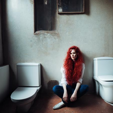 photo (oneshot style:1) a woman with red hair sitting in a dirty bathroom <lora:djzOneShotV21_LoraBooth:1>