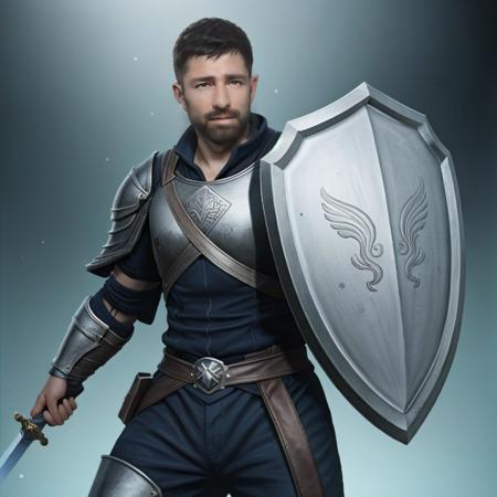 1boy, face,  realistic, <lora:Federico Diaz:0.5>, muscle, warrior outfit, holding a shield and sword, glowing shield, luminous sword