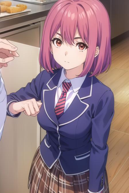 hisako arato, short hair, (red eyes:1.3), pink hair, skirt, school uniform, jacket, pleated skirt, necktie, striped, plaid, plaid skirt, blazer, striped necktie,