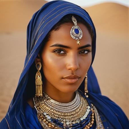 analog, portrait of a beautiful Tuareg woman, showcasing her striking features and traditional attire against the backdrop of the Sahara's sun-drenched dunes, capture her gazing into the distance with a sense of strength and resilience, while adorned in vibrant, indigo-dyed fabrics and intricate silver jewelry, utilize warm, golden lighting to accentuate the rich textures and colors of her garments,  shallow depth of field to focus on her captivating eyes, polaroid, photography realistic