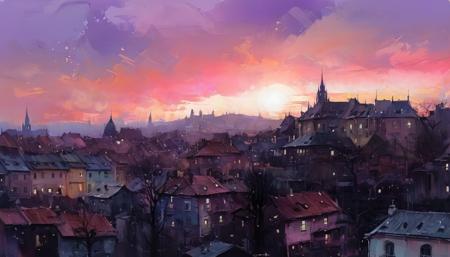 a painting of a city at sunset, outdoors, sky, cloud, tree, no humans, building, scenery, sunset, city, sun, cityscape, town
