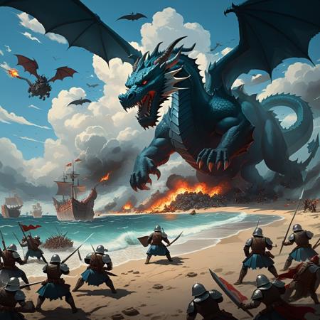 masterpiece,(cartoon style), <lora:CartoonStyle_Hap_XL:1.6>, Siege of a beach battle scene with dark, brooding clouds casting heavy shadows, muted color palette, powerful dragons soaring overhead amidst a light blue sky, swordsman locked in combat with soldiers, catapults launching amidst the chaos, super wide angle view capturing the entire fury of the battle, shot using a 24mm lens at a 42-degree angle, employing depth of field techniques to accentuate the central action,