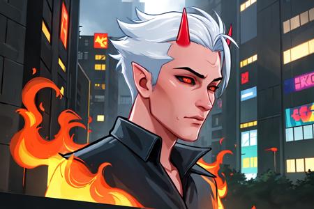 vkemon, solo, short hair, Cyberpunk background, shirt, 1boy, white hair,  sky, tree, grass, male focus, horns,  fire, demon horns, colored sclera,  (( cyberpunk )),  black sclera,  demon <lora:vkemon-10:0.65>