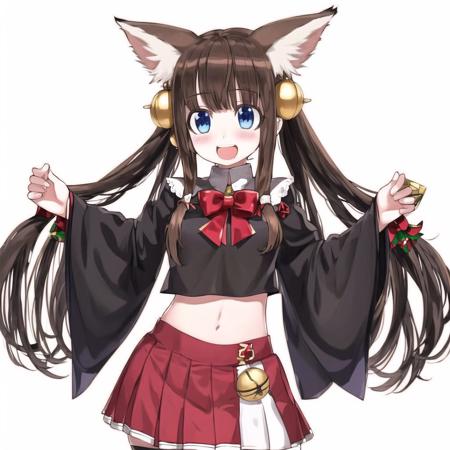 <lora:jun2:1>, jun, 1girl, :3, :d, animal ears, bangs, bell, black footwear, blue eyes, blush, bow, death, eyebrows visible through hair, fox ears, fox girl, fox tail, full body, hair between eyes, jingle bell, light brown hair, long hair, long sleeves, looking at viewer, navel, open mouth, outstretched arms, pleated skirt, red bow, red skirt, ribbon-trimmed legwear, ribbon trim, skirt, smile, solo, spread arms, standing, tail, thigh-highs, twintails, very long hair, virtual youtuber, white background, white legwear, wide sleeves, zouri