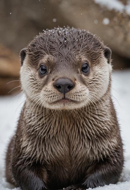 a close-up photo of a sad lonely baby otter, in winter snow, eye level, under natural light