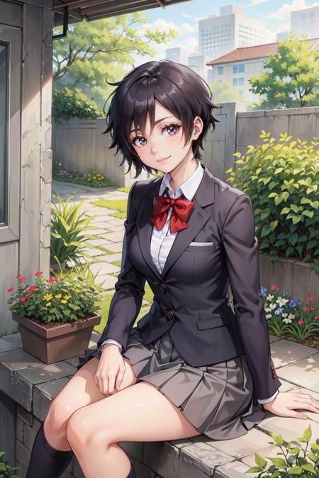 arisawa_tatsuki, short hair, school uniform, skirt, medium breasts, bow, pleated skirt, shirt, blazer, bowtie