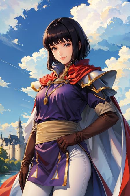 masterpiece, best quality, olwen, red cape, purple dress, sash, brown gloves, white pants, upper body, looking at viewer, smile, castle, sky, clouds, river <lora:olwen-nvwls-v2-000012:0.9>