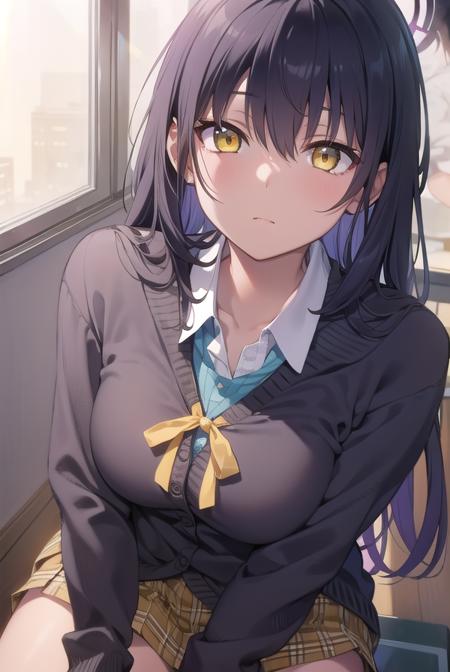 bluearchivekarin, <lyco:karin-lyco-nochekaiser:1>, 
karin, ahoge, black hair, dark skin, dark-skinned female, halo, long hair, (yellow eyes:1.5),
BREAK cardigan, neck ribbon, pleated skirt, ribbon, school uniform, skirt, blue cardigan, 
BREAK looking at viewer, 
BREAK indoors, classroom,
BREAK <lyco:GoodHands-beta2:1>, (masterpiece:1.2), best quality, high resolution, unity 8k wallpaper, (illustration:0.8), (beautiful detailed eyes:1.6), extremely detailed face, perfect lighting, extremely detailed CG, (perfect hands, perfect anatomy),