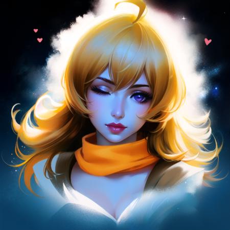 1girl, ahoge, bangs, blonde hair, blowing kiss, blue eyes, blue scarf, brown scarf, cleavage, closed mouth, eyelashes, face, floating hair, hair between eyes, heart, lips, lipstick, long hair, looking at viewer, makeup, night sky, nose, one eye closed, orange scarf, pink lips, pink scarf, portrait, purple eyes, realistic, red lips, red scarf, scarf, signature, smile, solo, space, spoken heart, star \(sky\), starry sky, upper body, watermark, yang xiao long, yellow scarf