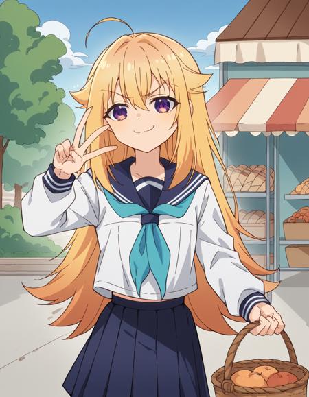 torako koshi, long hair, bangs, blonde hair, hair between eyes, very long hair, purple eyes, ahoge, sidelocks, hair flaps skirt, shirt, long sleeves, school uniform, white shirt, pleated skirt, serafuku, sailor collar, blue skirt, neckerchief, blue sailor collar, blue neckerchief,
