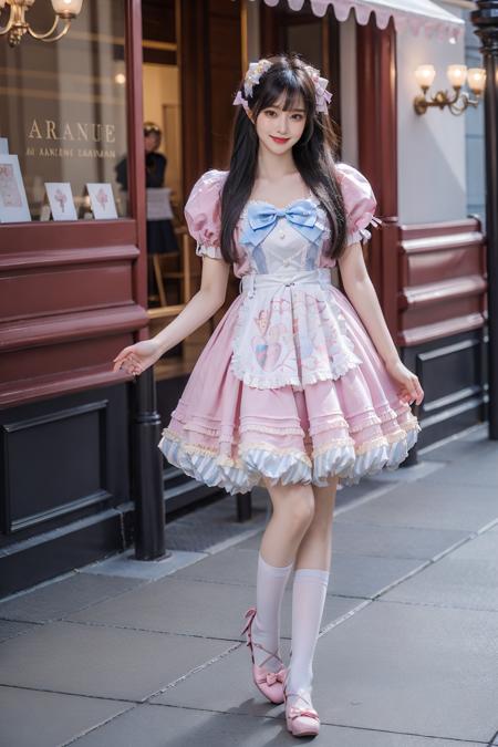 best quality, quality, masterpiece, photorealistic, 1girl, solo, full body, standing, long black hair, straight hair, blunt bangs, looking at viewer, smile, cyb dress, bow, apron, frills, puffy short sleeves, hair ornament, white thighhighs, high heels, amusement park, people, <lora:sweet_attire_style1_v1:0.65>