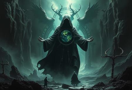A universe inside a dark cloaked figure within mysterious landscape in an unfathomable realm of fantastic creation inhabited by ancient shadows of a forgotten time beyond the gate of the gateless gate where life is limitless, light is shadow and shadow is light, eerie sense, horror, spark of the beginning, existence and nonexistence at once, ethereal, outstretched arms, behold the end of the beginning, inglorious glory to the dark one, betrayal of the ancient order, beware the 7headed beast, destroyer of the old ways, bearer of the unbearable, nightmarish, archaic runes, tree aging backwards, breath of the gods, ruins of a place unimagined, extreme intricate detail, photorealistic, beyond epic scene, fate discarded, unseeable face of god, the end is the beginning, the beginning is the end, man arises as god dies, as above so below, as below so above, emerald tablet, thoth, guardian and saboteur of existence, hopeless hope, ghosts of the unborn, conception of the inconceivable, cosmic well of imperceptible perception, evil aura, infinite emptiness, pillars of void, overwhelming subtlety, abstract sacred geometry, beams of readiness without intention, gift of doom, despair of the ages, hidden secret warnings from dead gods, carved by the conductor of unholy loneliness of time incarnate, consumed by the night itself, beautiful tragedy of hellish discovery, release