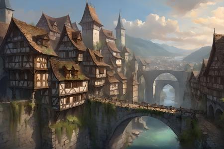 epic art of medieval mountain bridges overgrown by fantasy city, (encrusted with medieval half-timbered houses:0.2), towering, verticality, (spires:0.9),  river, slate roofs, fantasy, awe-inspiring,  from below, , (multiple layers:0.7),  <lora:great_lighting:0.8> great lighting, <lora:add-detail-xl:0.8>, (no human:1.5), large city, so many  buildings, dark colors