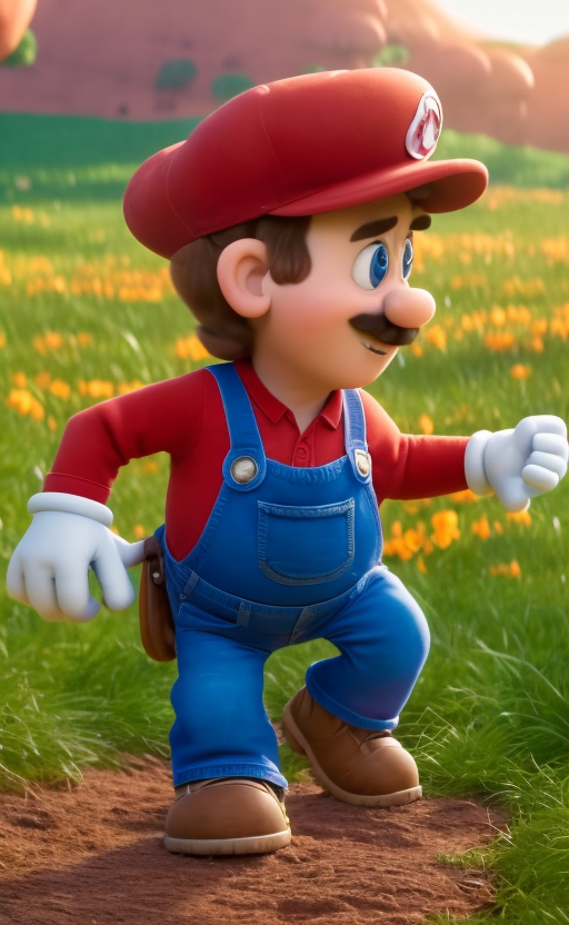pixar style, mario bross, smile, smiling, excited, field, natural skin texture, big eyes, walking, looking to the side, lo...