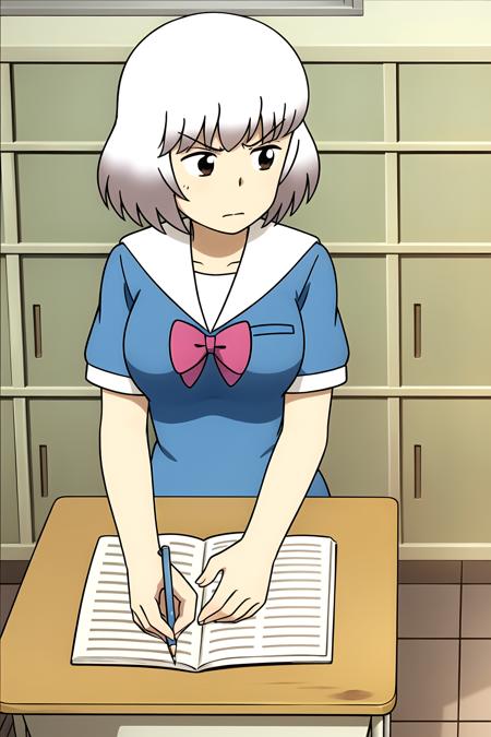 masterpiece, highly detailed, 1girl, rumiyokoi, school uniform, classroom, sitting, desk, pencil, eraser, paperwork, class assignment, irritated, angry, holding pencil, looking down, working on homework, class