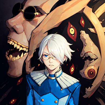 (masterpiece:1.2, best quality), Kiel-D01, 1boy, white hair, medium hair, blue suit, monster, serious, looking at viewer, round-framed glasses <lora:Kiel:1>