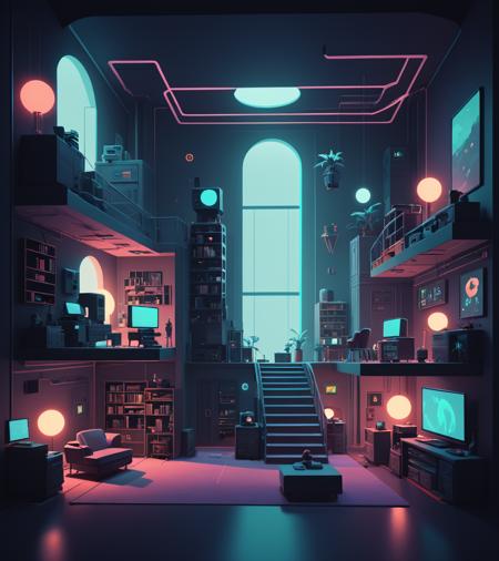 concept art <lora:FF-Style-James_Gilleard:1> in the style of James Gilleard a room with a lot of furniture and lights, 3 d render beeple, beeple global illumination, cyberpunk apartment, cyberpunk interior, the cyberpunk apartment, digital art render, artstation hqâ, beeple rendering, artgem and beeple masterpiece, realism | beeple, beeple daily art, in style of beeple,(Dark hue:1.3) . digital artwork, illustrative, painterly, matte painting, highly detailed