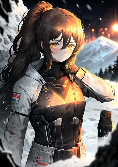 limbus, 1girl, solo, looking at viewer, <lora:Limbus-06:1.4>, (Random:1.3), ponytail, dark brown hair, round eye shape, yellow eyes, female suit, snowy mountain landscape at dusk, (disgusting, horrifying, masterful, mysterious:1.3), glamorous