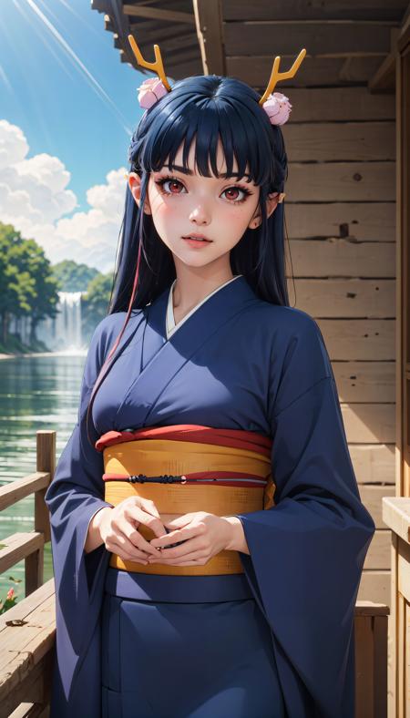 blue and red kimono long hair blue hair pointy ears red eyes gold horns