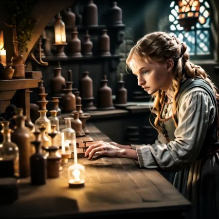 highly detailed analog photo of lab assistant working in a medieval laboratory,

solo, 1girl, solo, long hair, blonde hair, long sleeves, dress, indoors, blurry, window, profile, depth of field, table, ring , bottle, medium breasts, plant, quill,  (realistic:1.3), (medieval laboratory:1.1), (professional lighting:1.2)

masterpiece, best quality, 8k,
motion blur, intricate details, depth of field,

(analogue photography:1.1),
(shadow play:1.4),



