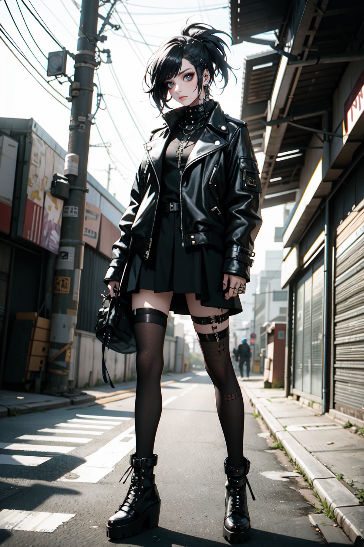 full body, looking at viewer, A goth punk girl in a rugged, industrial setting, wearing a studded leather jacket and tulle...