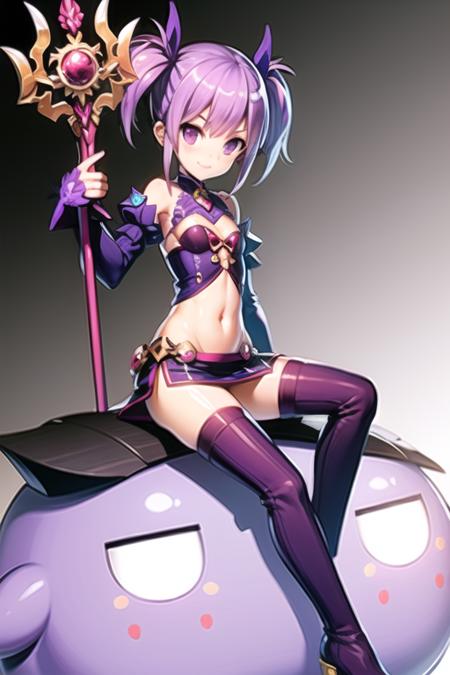 <lora:AishaLandar-07:0.7> , aisha, 1girl, solo, blush, smile, short hair, skirt, thighhighs, holding, twintails, sitting, purple eyes, purple hair, boots, midriff, miniskirt, thigh boots, staff, purple skirt, wand, bandeau, creature, purple thighhighs, purple footwear, purple theme, holding wand, purple sleeves