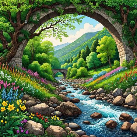 highly detailed, ink art, line art artwork depicting a vibrant spring landscape. The scene features a turbulent stream flowing through woodlands, with the water sparkling as it rushes over bright pebbles. On either side of the river, trees with green leaves on their branches arch overhead with a riot of colourful spring wildflowers adorning the banks, under the bright light of a bright spring morning. The composition is balanced, with the river leading the viewer's eye into distant hills. Sharp focus