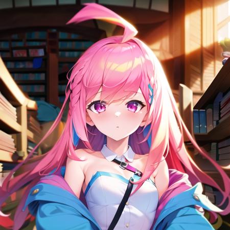 masterpiece, best quality, soft lighting, absurdres, looking at viewer, from front, 1girl, pink hair, ahoge, straight hair, pink eyes, small breasts, blue jacket, open jacket, bare shoulders, surprised, white strapless shirt, library, sunny, (portrait: 1.2), <lora:TwinkleStarDodo_last:1>