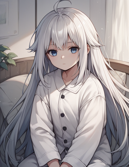  white hair, ahoge, long hair, blunt bangs, side bnags, blue eyes