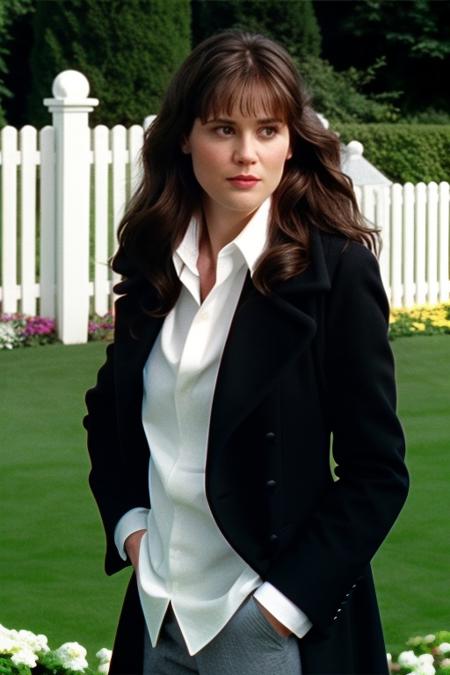 a still frame of Tr1ll1an in a movie, long black coat, gray pants, white shirt, in a garden with a white picket fence, closeup, serious pose,  