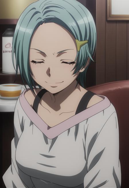  karuko hitomi, short hair, hairclip, blue hair, dress, off shoulder closed eyes half-closed eyes