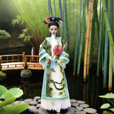 , ultra quality,  ex_chinese_dolls, exchdls, exdls, green and white dress, snake print, the backdrop is a bamboo forest,  she's standing on an open space surrounded by bamboo sticks and next to a pond, she's holding a Chinese Silk fan  <lora:Exquisite_Chinese_Dolls_-_SDXL1.0-000013:1>