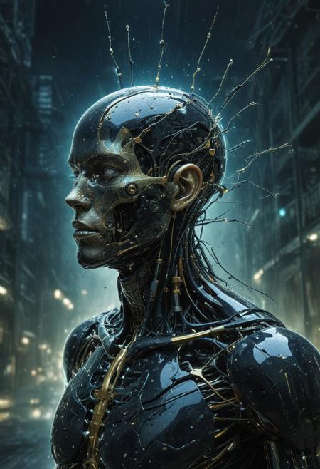Blame! by Tsutomu Nihei see through cyborg, futuristic city background in night, black oil splatter, is flying through a factory, gold plated cables everywhere, translucent glass head, chips in background, black oil, blue everywhere, splatter, green everywhere, symbiotic, threes through the body, everywhere, insects everywhere titanium everywhere, electric everywhere, city background, easynegative, ng_deepnegative_v1_75t
