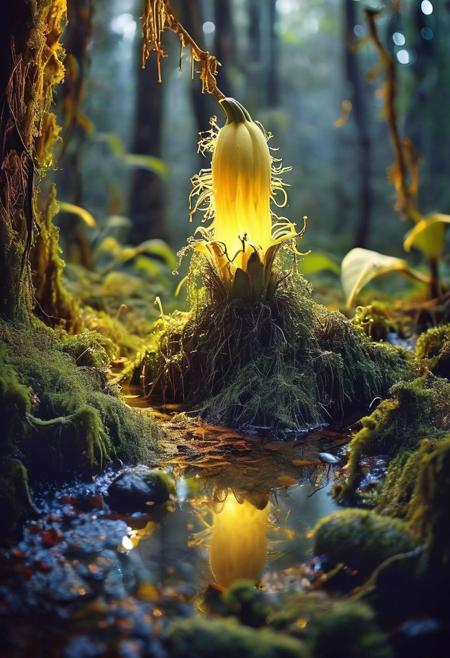 Eerie Beauty: A moonlit forest bathed in an ethereal glow, where ancient, gnarled trees twist into fantastical shapes. Wispy, bioluminescent banana illuminate the forest floor, while a stack banana with piercing needles sprout from the shadows.
